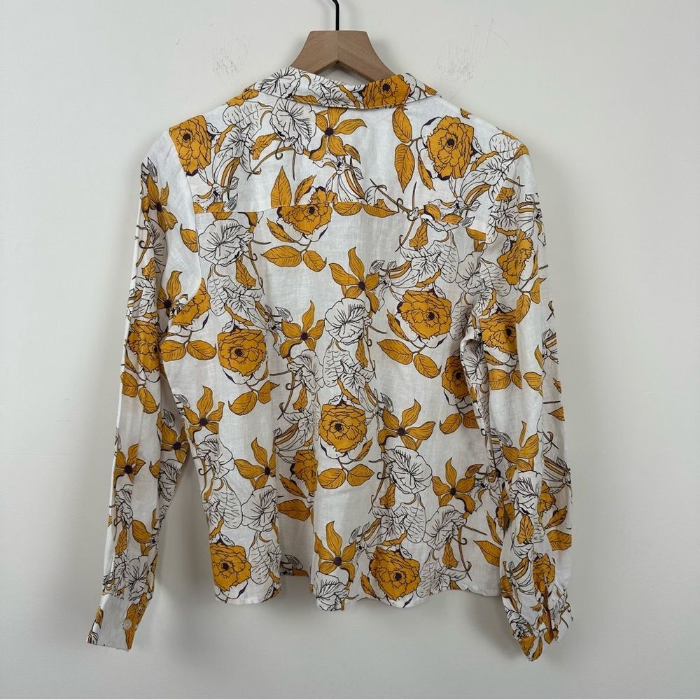 Calligraphie White & Yellow Floral Print Linen Blouse, M - Picture 2 of 7